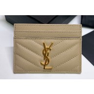 Saint Laurent Cassandre Matelassé Card Case In Grain De Poudre Embossed Leather 423291 Beige/Gold