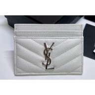 Saint Laurent Cassandre Matelassé Card Case In Grain De Poudre Embossed Leather 423291 White/Silver
