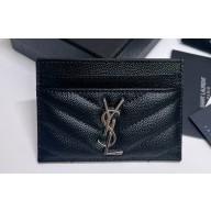 Saint Laurent Cassandre Matelassé Card Case In Grain De Poudre Embossed Leather 423291 Black/Silver