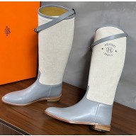 Hermes Jumping boots in calfskin Gray and printed H canvas 2023