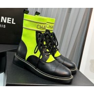 Chanel Knit & Calfskin Combat Boots Black/Fluo Green 2023