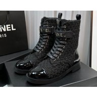 Chanel Tweed & Patent Calfskin Combat Boots G45005 Black 2023