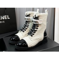 Chanel Tweed & Patent Calfskin Combat Boots G45005 White 2023