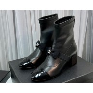 Chanel Heel 5.5cm Stretch Lambskin & Patent Calfskin Short Boots with Bow G40099 Black 2023