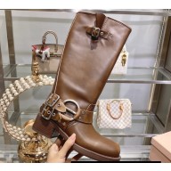 Miu Miu Leather Biker Boots Brown with straps and buckles 2023