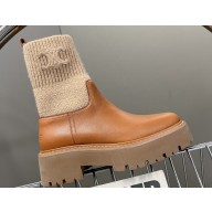 Celine Short Boots WITH TRIOMPHE In Knit and Calfskin Brown 2023