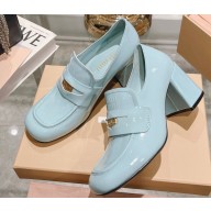 Miu Miu Heel 7.5cm Patent Leather Loafers Light Blue With Logo Coin 2023