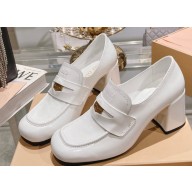Miu Miu Heel 7.5cm Patent Leather Loafers White With Logo Coin 2023