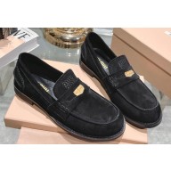 Miu Miu Suede Leather Loafers Black With Logo Coin 2023