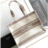 Celine Large Cabas Thais Bag In Striped Textile With Celine Jacquard 196762 Beige/Brown 2023