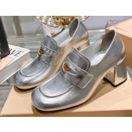 Miu Miu Heel 7.5cm Leather Penny Loafers Silver With Logo Coin 2023