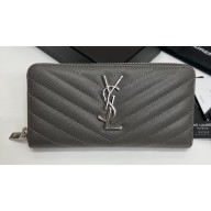 Saint Laurent Cassandre Matelassé Zip Around Wallet In Grain De Poudre Embossed Leather 358094 Gray/Silver