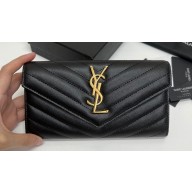 Saint Laurent Cassandre Matelassé Large Flap Wallet In Grain De Poudre Embossed Leather 372264 Black/Gold