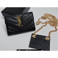 Saint Laurent Cassandre Matelassé Small Envelope Wallet with Chain In Grain De Poudre Embossed Leather 414404 Black