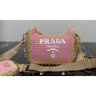 Prada Re-Edition 2005 crochet raffia shoulder bag 1BH204 Beige/Pink 2023