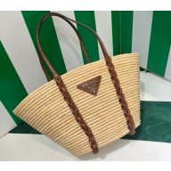Prada Braided Straw and leather tote bag 1BG312 Beige