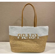 Prada Raffia and leather tote bag 1BG442 Tan/white