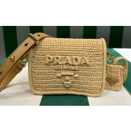 Prada Raffia-effect yarn Crochet and leather shoulder bag with flap closure 1BD335 Natural