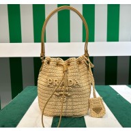 Prada Raffia-effect yarn Crochet and leather mini-bucket bag 1BE068 Natural