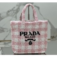 Prada Raffia-effect yarn Small crochet tote bag 1BG422 White/Pink