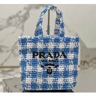 Prada Raffia-effect yarn Small crochet tote bag 1BG422 White/Blue