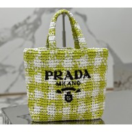 Prada Raffia-effect yarn Small crochet tote bag 1BG422 White/Green