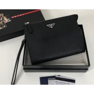 Prada Saffiano Leather Pouch Clutch Bag 2NE009 Enameled metal triangle logo Black/Silver