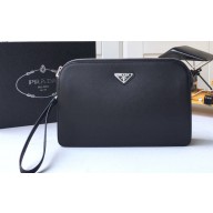 Prada Saffiano Leather Pouch Clutch Bag 2VF056 Enameled metal triangle logo Black/Silver