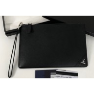 Prada Saffiano Leather Pouch Clutch Bag 2NG005 metal lettering logo Black/Silver