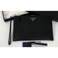 Prada Saffiano Leather Pouch Clutch Bag 2NG005 Enameled metal triangle logo Black/Silver