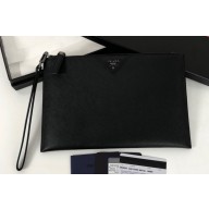 Prada Saffiano Leather Pouch Clutch Bag 2NG005 triangle and metal lettering logo Black/Silver