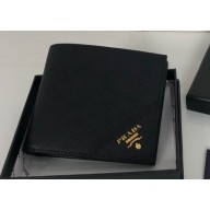 Prada Saffiano Leather Wallet 2M0513 Metal lettering logo Black/Gold