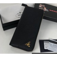 Prada Saffiano Leather Zip Wallet 2M1317 Metal lettering logo Black/Gold