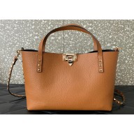 Valentino Small Rockstud Grainy Calfskin Tote Bag with Contrasting Lining 0044 Brown 2023