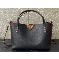 Valentino Small Rockstud Grainy Calfskin Tote Bag with Contrasting Lining 0044 Black 2023
