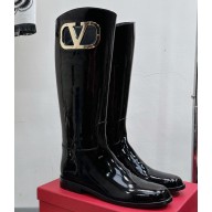 Valentino VLogo Calfskin Boots Patent Black Cut-out leg decorated with VLogo Type accessory 2023
