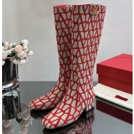 Valentino VLogo Type Boots in Toile Iconographe fabric Beige/Red 2023