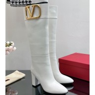 Valentino High Heel Boots In Calfskin Leather White with VLogo Signature detail 2023