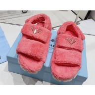 Prada Enameled metal triangle logo shearling sandals 1X737M Pink 2023