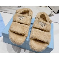 Prada Enameled metal triangle logo shearling sandals 1X737M Beige 2023