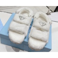 Prada Enameled metal triangle logo shearling sandals 1X737M White 2023