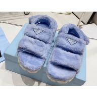Prada Enameled metal triangle logo shearling sandals 1X737M Blue 2023