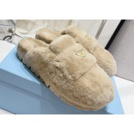 Prada Enameled metal triangle logo shearling padded sabots slippers Beige 2023