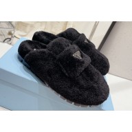 Prada Enameled metal triangle logo shearling padded sabots slippers Black 2023