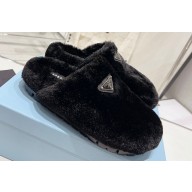 Prada Enameled metal triangle logo shearling padded slippers Black 2023