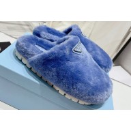 Prada Enameled metal triangle logo shearling padded slippers Blue 2023