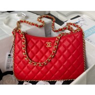 Chanel Shiny Crumpled Lambskin & Gold-Tone Metal Large Hobo Bag AS4287 Red 2023