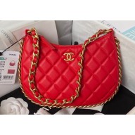 Chanel Shiny Crumpled Lambskin & Gold-Tone Metal Hobo Handbag AS4378 Red 2023