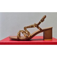 Valentino Heel 6cm Rockstud sandals with straps in calfskin leather Brown