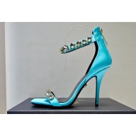 Versace Heel 10cm Crystal Satin Sandals Turquoise Blue 2023
